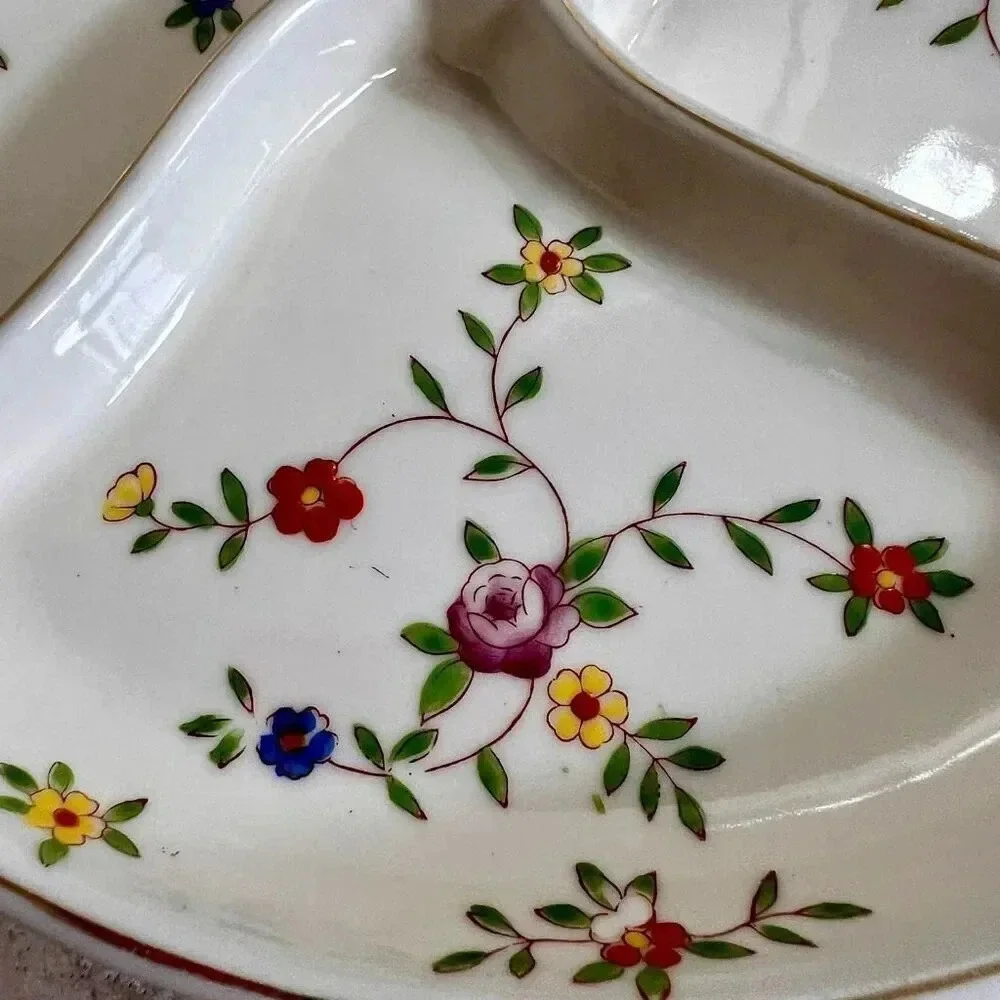 Vintage White Floral Round Four Section Divided Dish Plate Hand Painted Japan‎